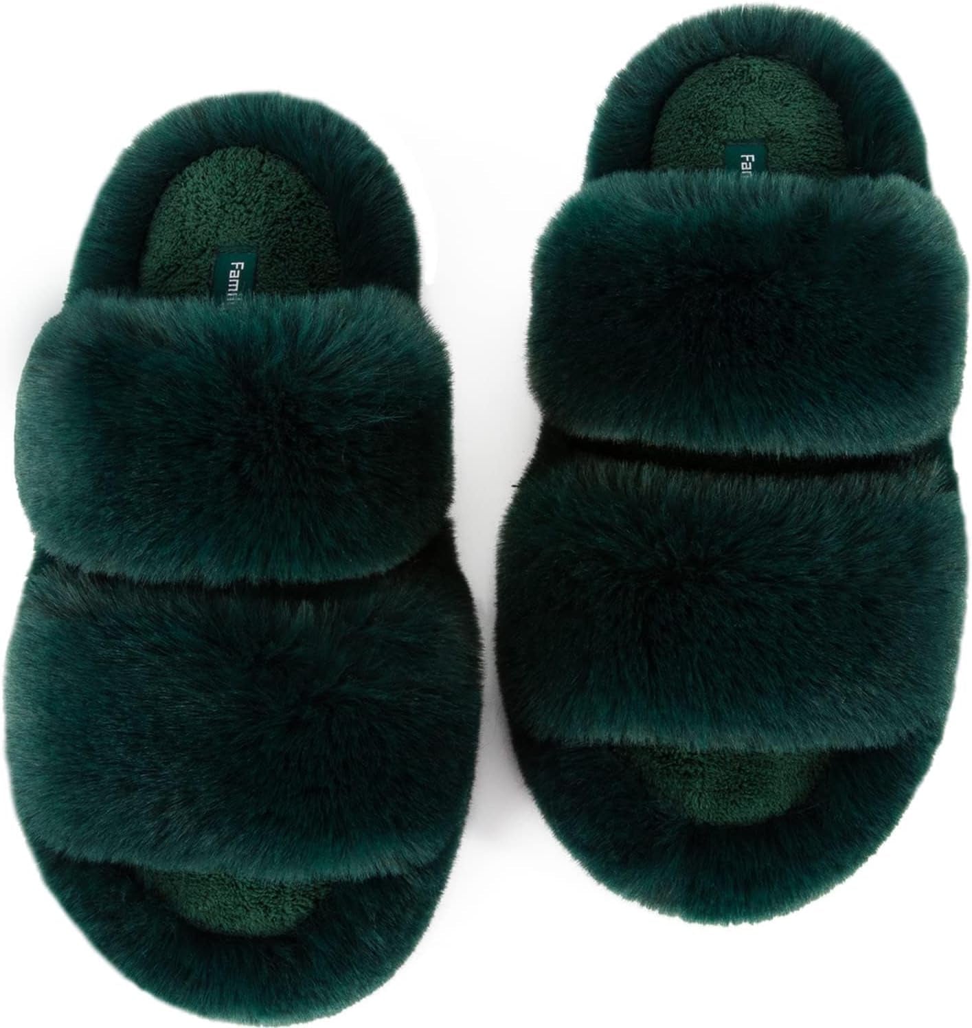 Slides-Women's Fluffy Faux Fur Slippers Comfy Open Toe Two Band Slides with Fleece Lining and Rubber Sole