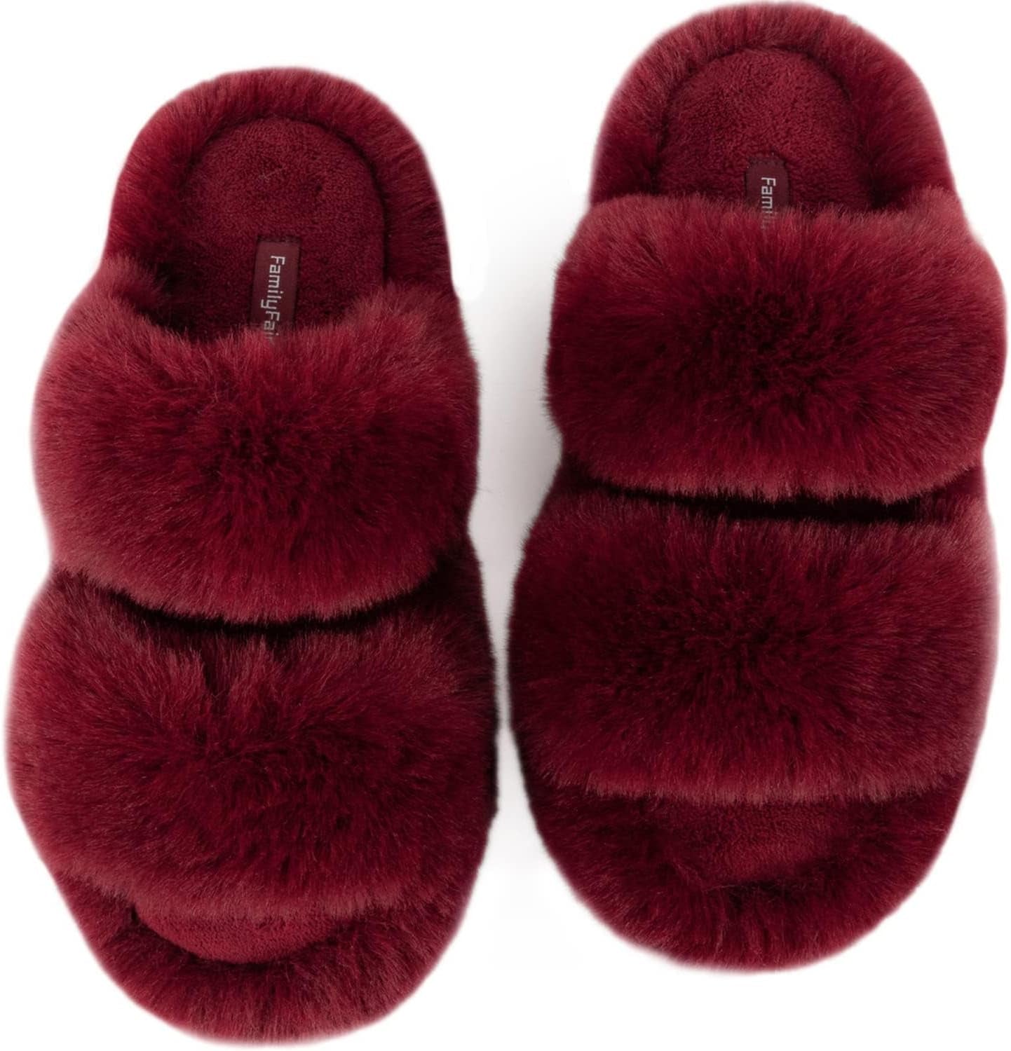 Slides-Women's Fluffy Faux Fur Slippers Comfy Open Toe Two Band Slides with Fleece Lining and Rubber Sole