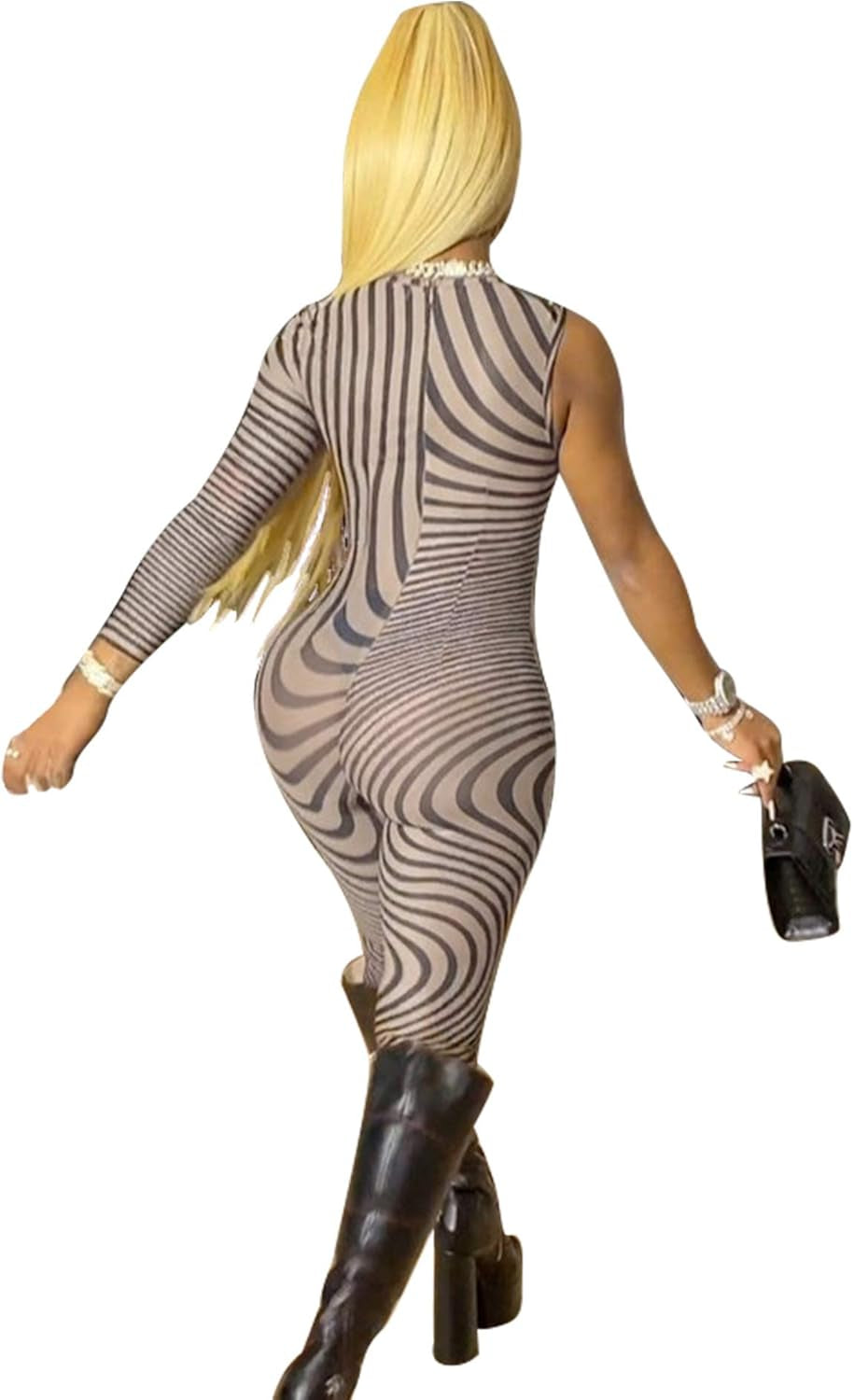 Women Sexy Zebra Stripes One Sleeve Jumpsuit Mesh See-Through Body Con One-Piece Romper Club Wear S/M/L