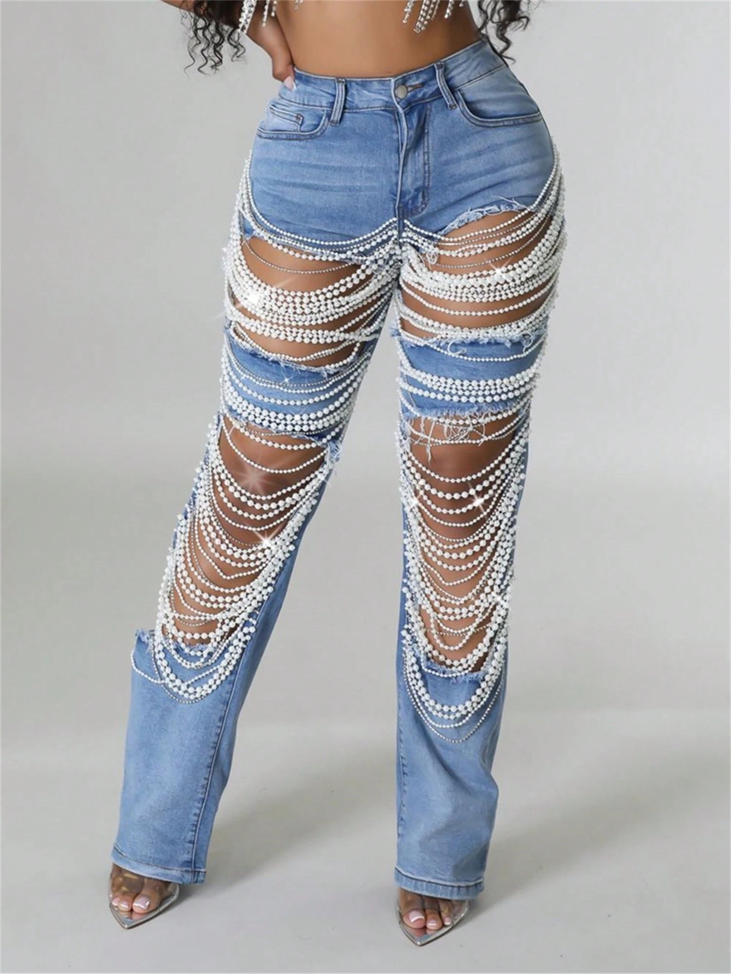 Straight Leg Jeans for Women Mid-Rise Distressed Ripped Hole Pearl Chain Boyfriend Denim Pants