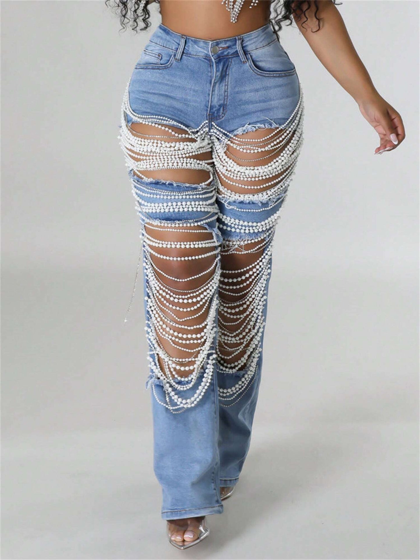 Straight Leg Jeans for Women Mid-Rise Distressed Ripped Hole Pearl Chain Boyfriend Denim Pants