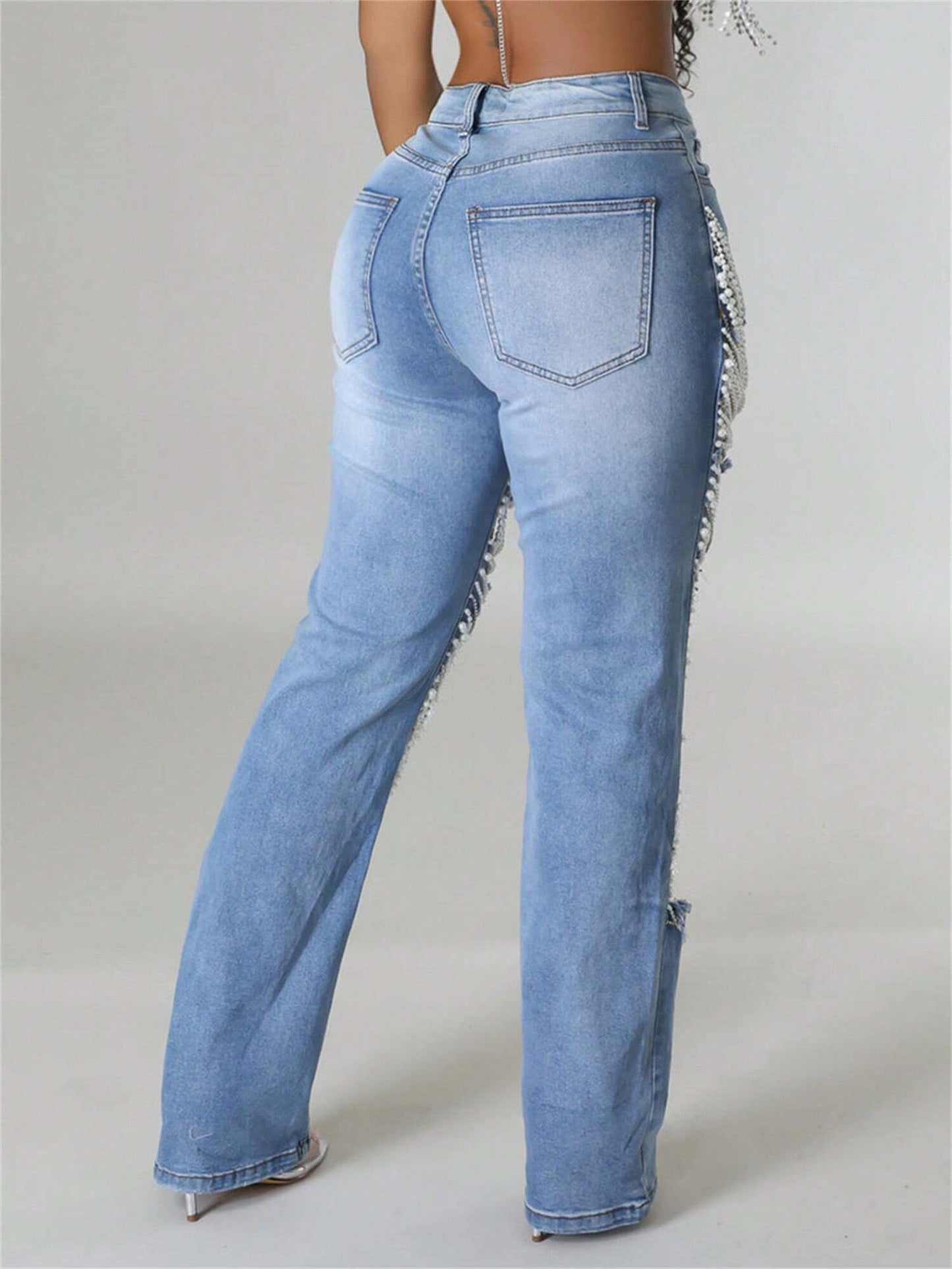 Straight Leg Jeans for Women Mid-Rise Distressed Ripped Hole Pearl Chain Boyfriend Denim Pants