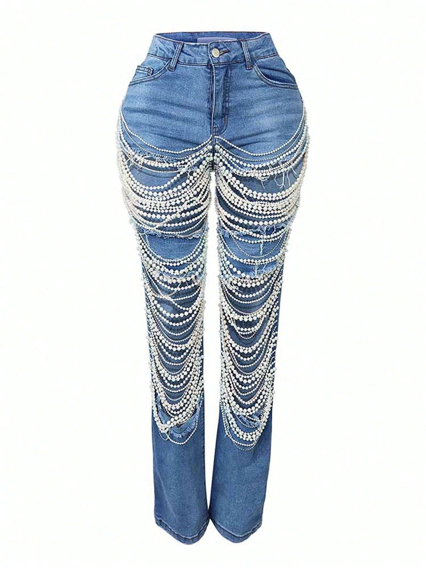 Straight Leg Jeans for Women Mid-Rise Distressed Ripped Hole Pearl Chain Boyfriend Denim Pants