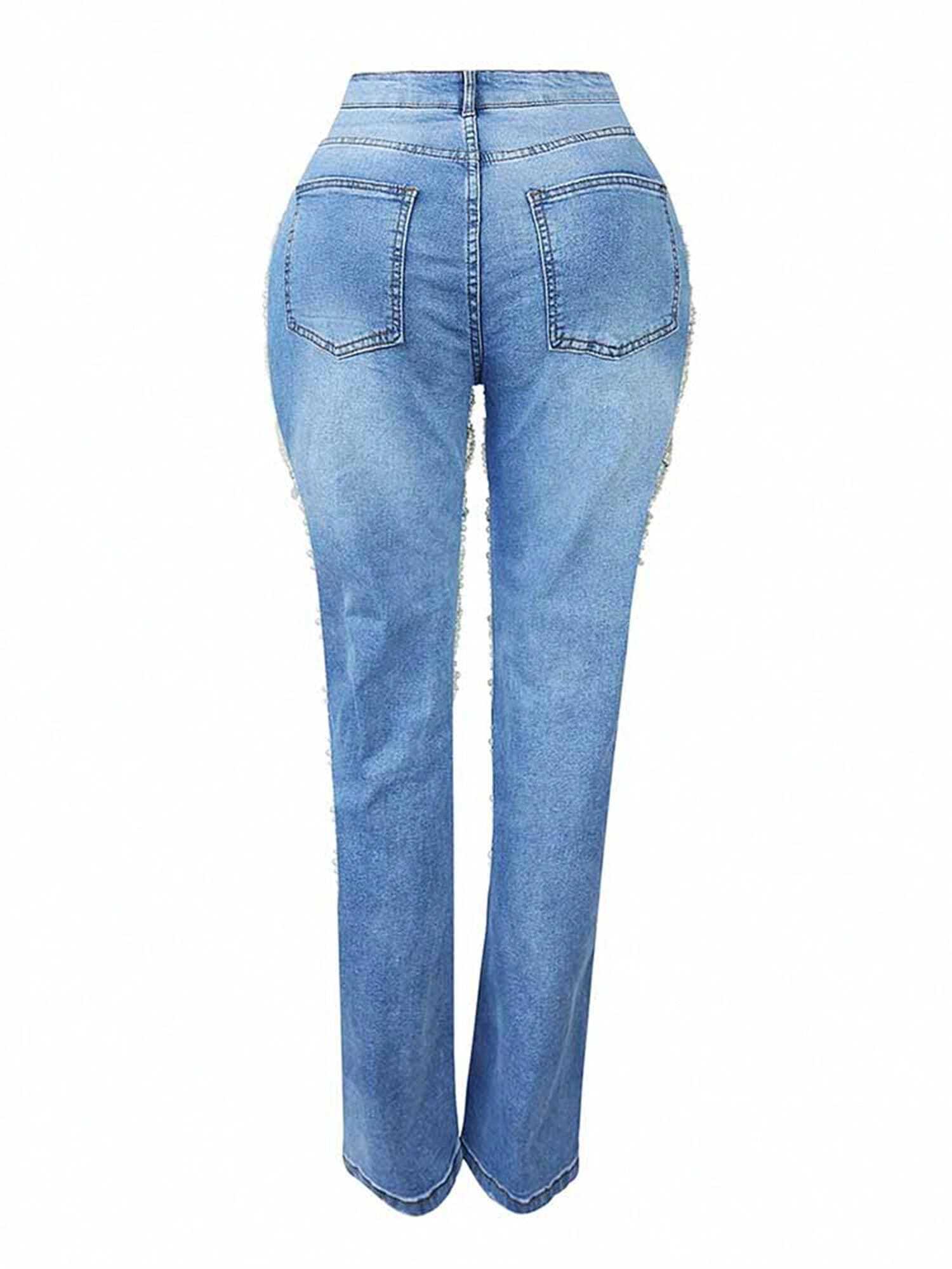 Straight Leg Jeans for Women Mid-Rise Distressed Ripped Hole Pearl Chain Boyfriend Denim Pants