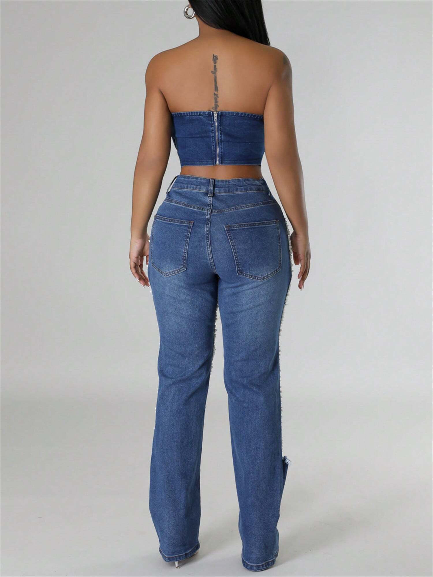 Straight Leg Jeans for Women Mid-Rise Distressed Ripped Hole Pearl Chain Boyfriend Denim Pants