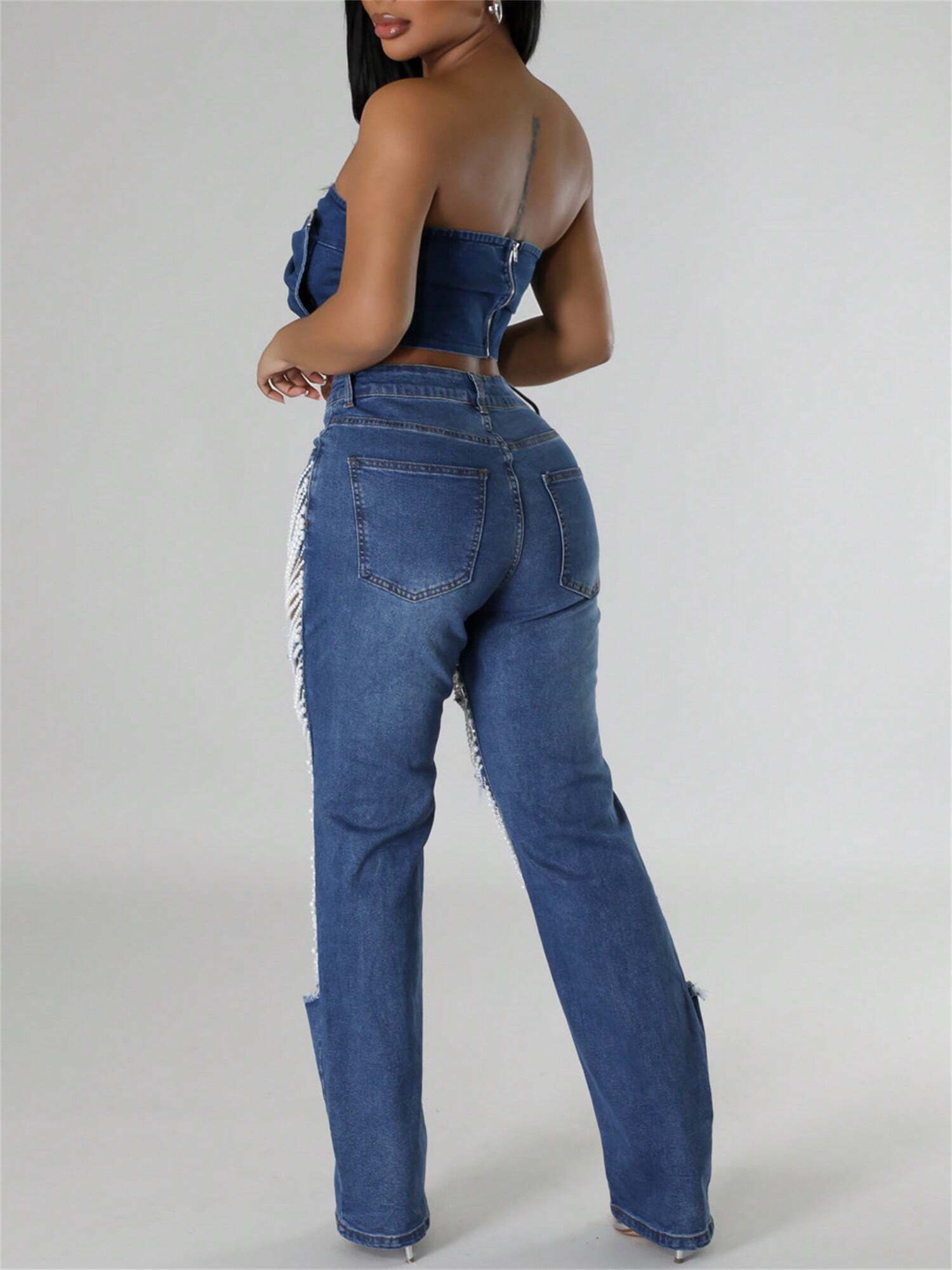 Straight Leg Jeans for Women Mid-Rise Distressed Ripped Hole Pearl Chain Boyfriend Denim Pants