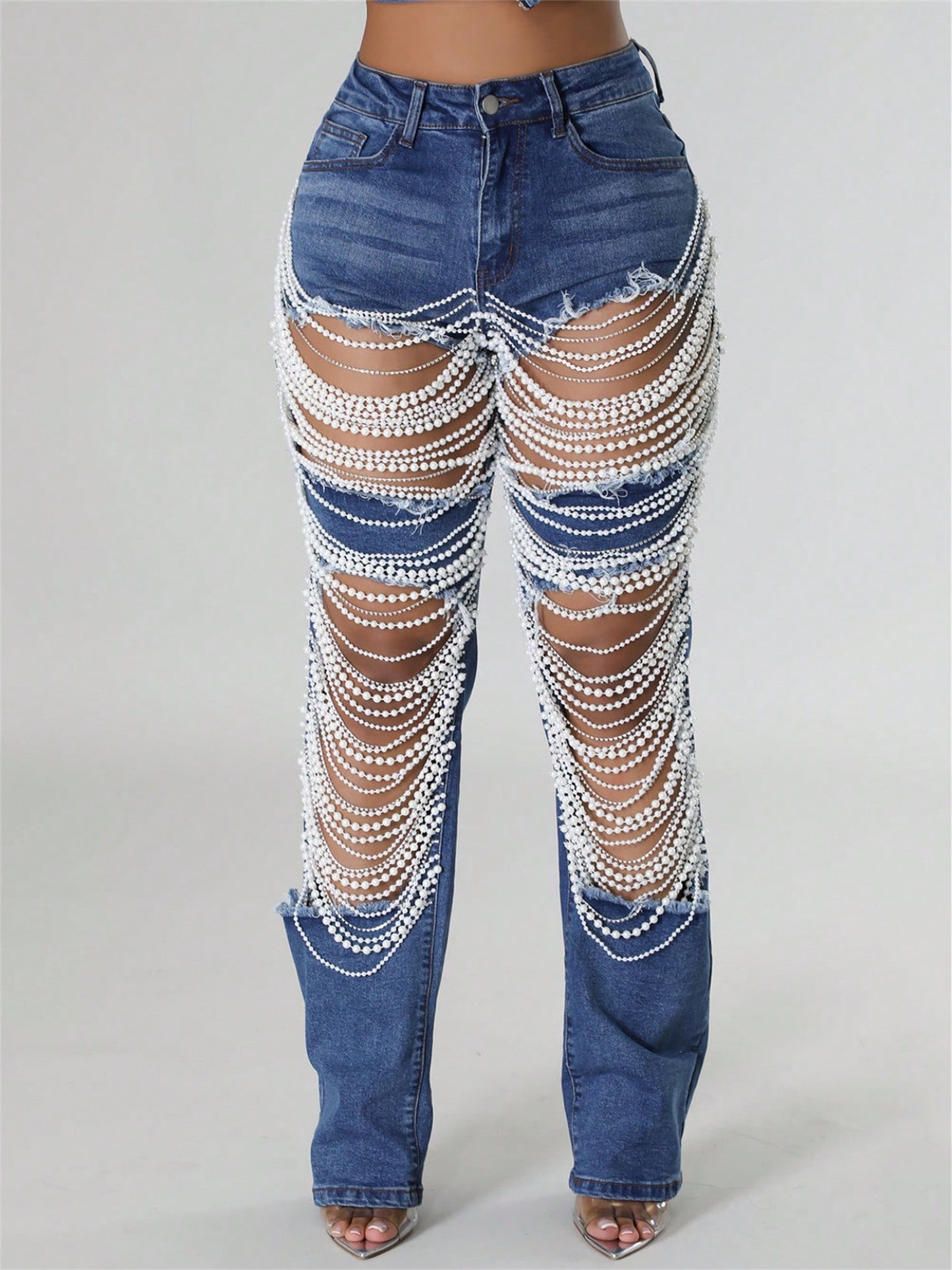 Straight Leg Jeans for Women Mid-Rise Distressed Ripped Hole Pearl Chain Boyfriend Denim Pants