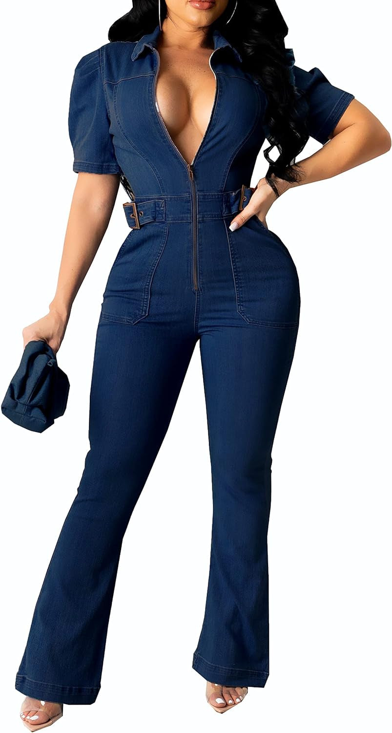 Women Elegant Jeans Jumpsuit Sexy V-Neck Bell Bottom Denim Long Pants Jumpsuits with Zipper Pockets