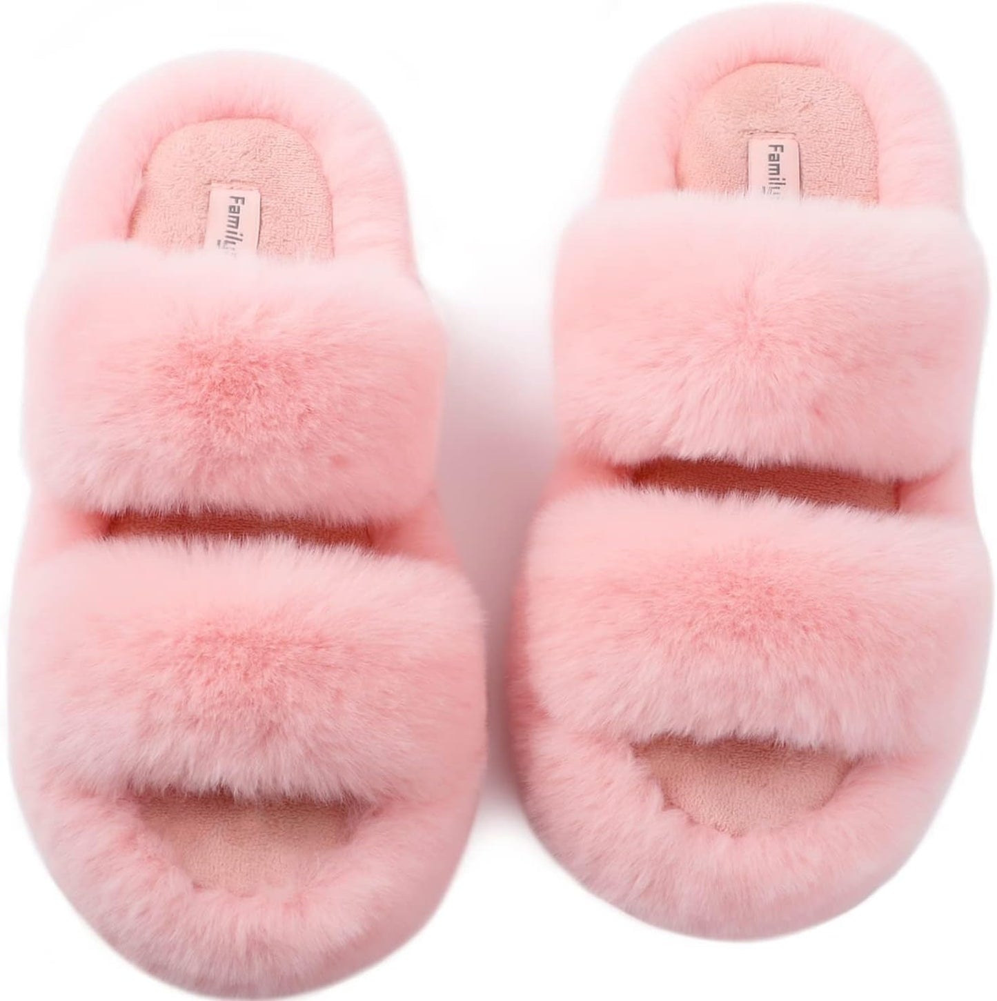 Slides-Women's Fluffy Faux Fur Slippers Comfy Open Toe Two Band Slides with Fleece Lining and Rubber Sole