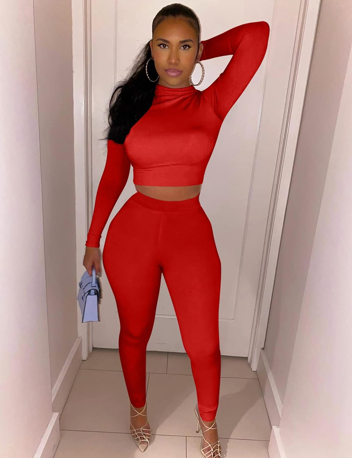 Women's Long Sleeve Crop Top High Waist Legging Pants Set, Tracksuit