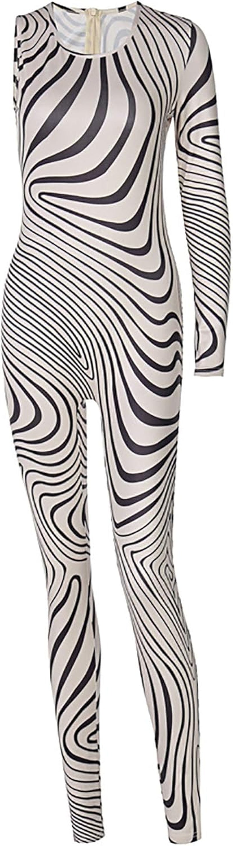 Women Sexy Zebra Stripes One Sleeve Jumpsuit Mesh See-Through Body Con One-Piece Romper Club Wear S/M/L