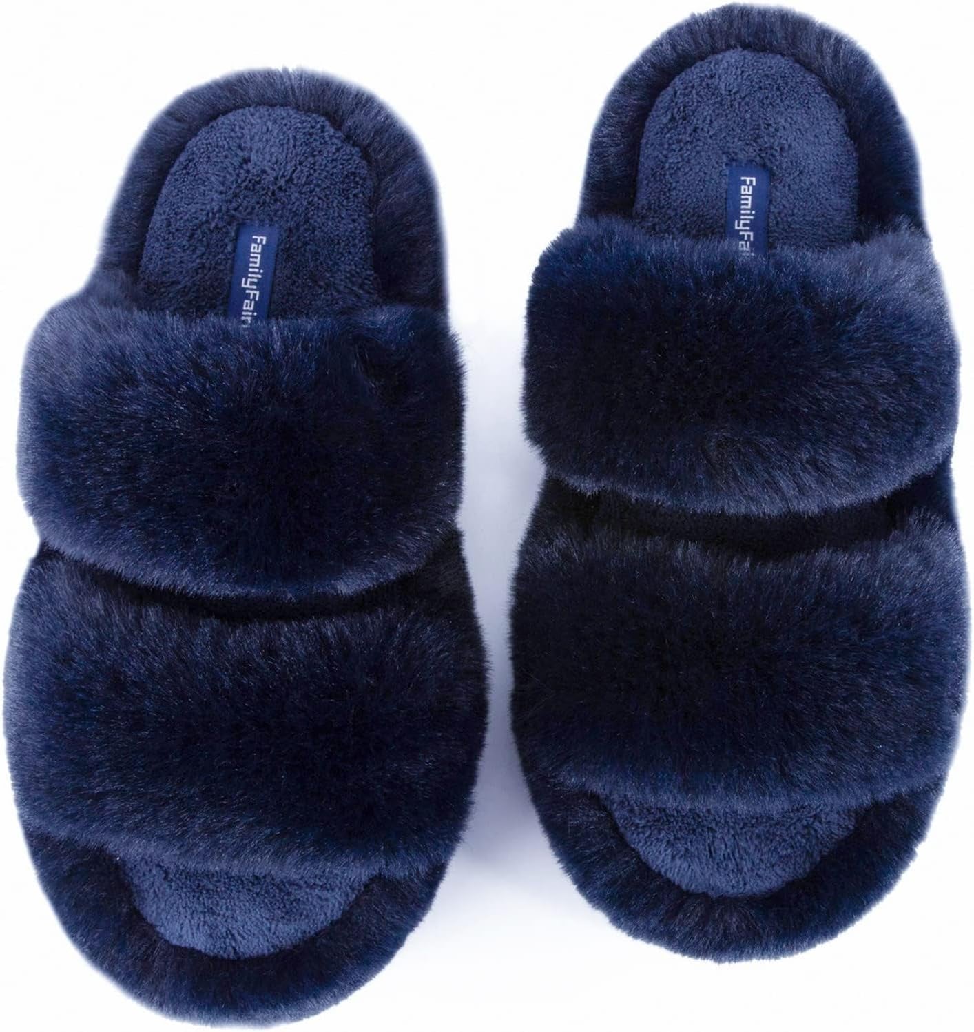 Slides-Women's Fluffy Faux Fur Slippers Comfy Open Toe Two Band Slides with Fleece Lining and Rubber Sole