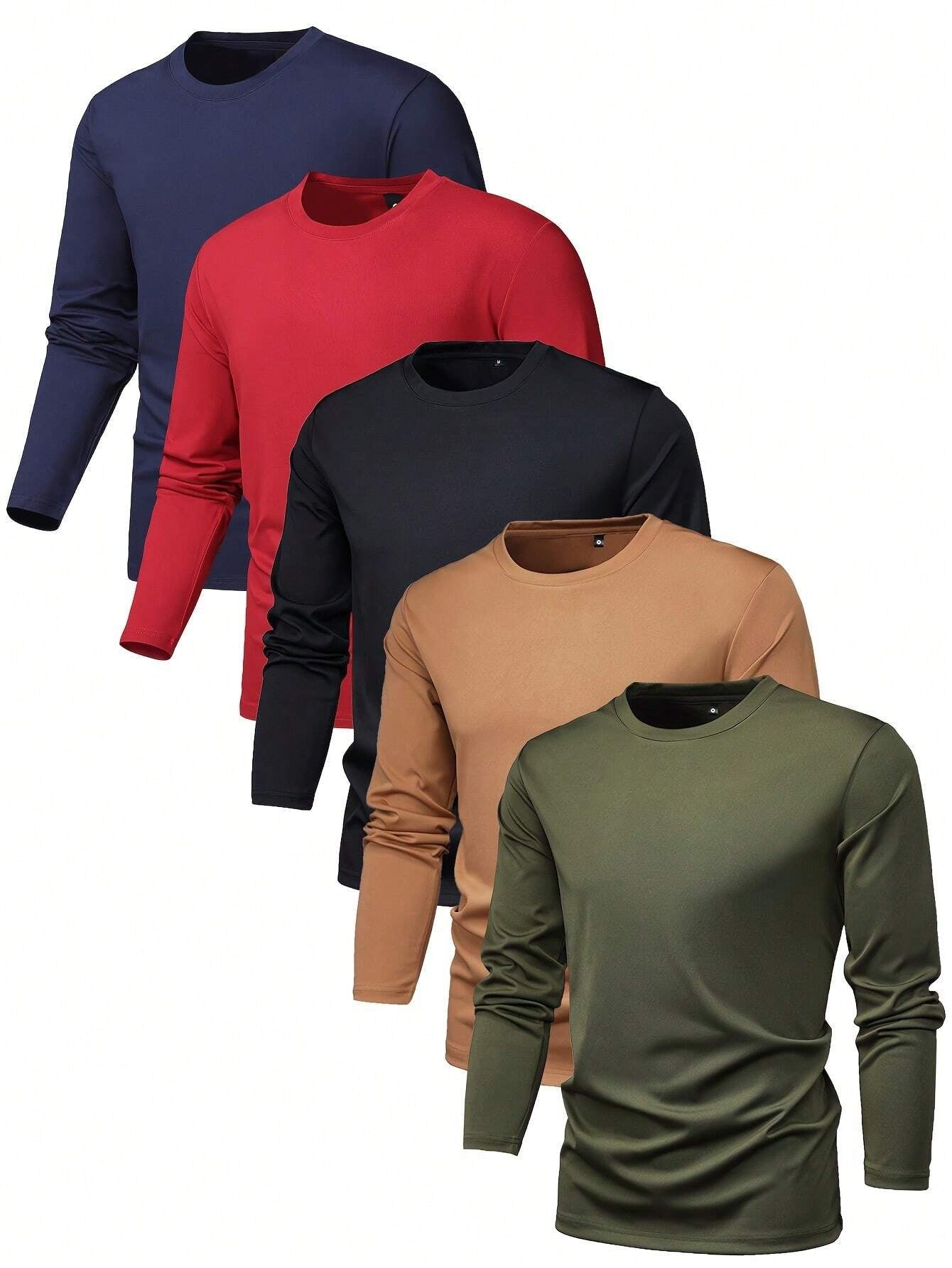 5Pcs/Set Men'S Regular Fit Long Sleeve T-Shirt of Basic Style and Solid Color for Fashionable, Casual, Sports and Outdoor Activities in Spring and Autumn