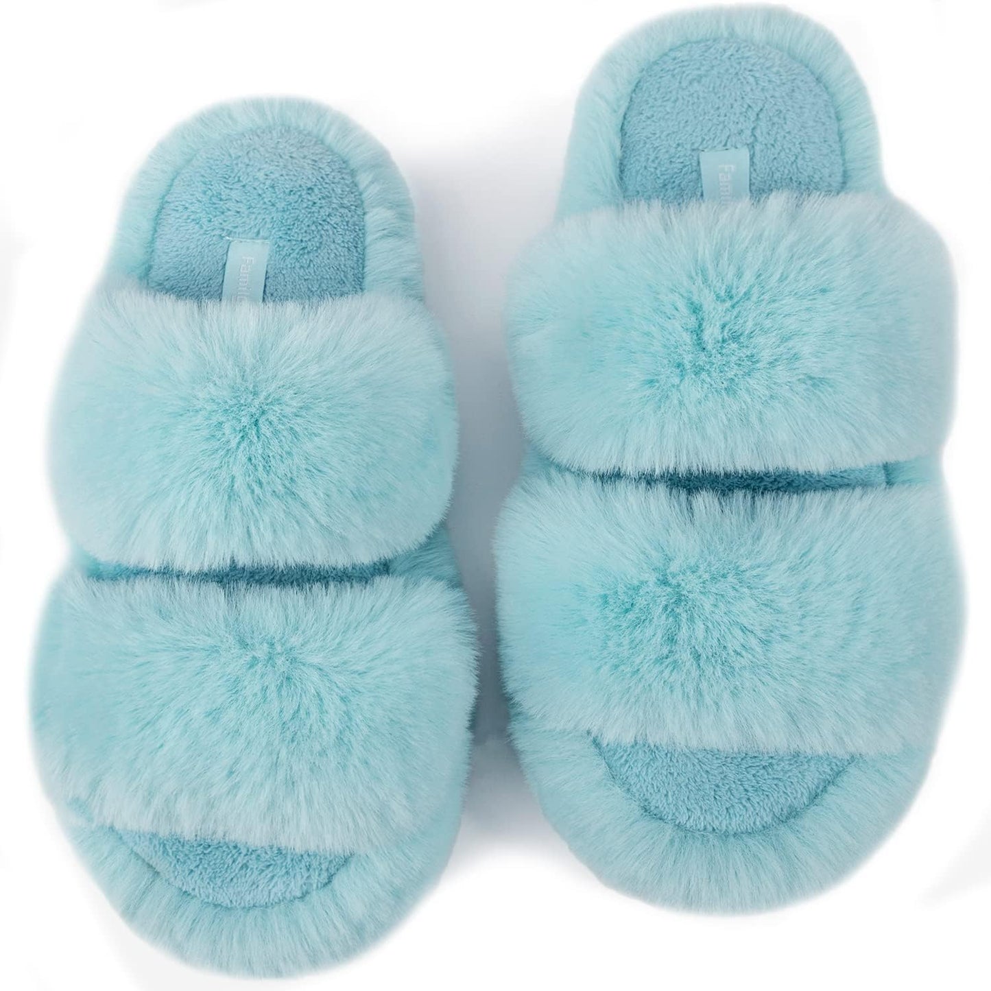 Slides-Women's Fluffy Faux Fur Slippers Comfy Open Toe Two Band Slides with Fleece Lining and Rubber Sole