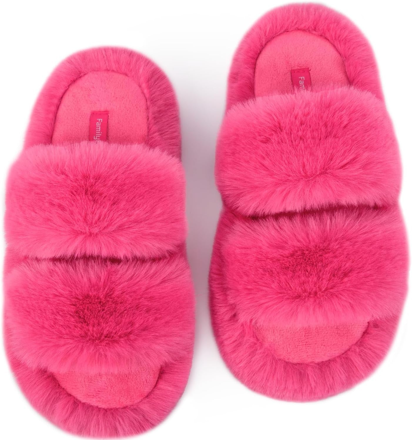 Slides-Women's Fluffy Faux Fur Slippers Comfy Open Toe Two Band Slides with Fleece Lining and Rubber Sole