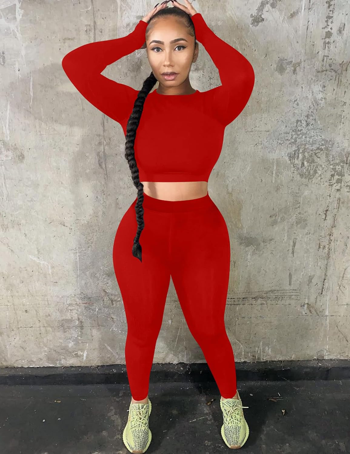 Women's Long Sleeve Crop Top High Waist Legging Pants Set, Tracksuit