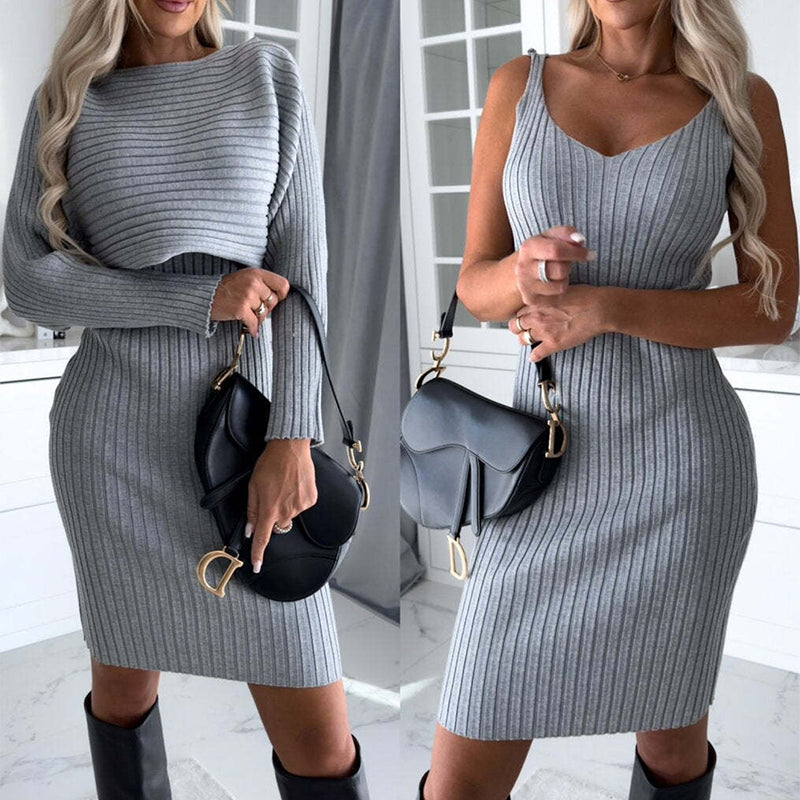  Women's Solid Stripe Long-Sleeved Top and Tight Suspender Skirt Fashion l Slim Clothing