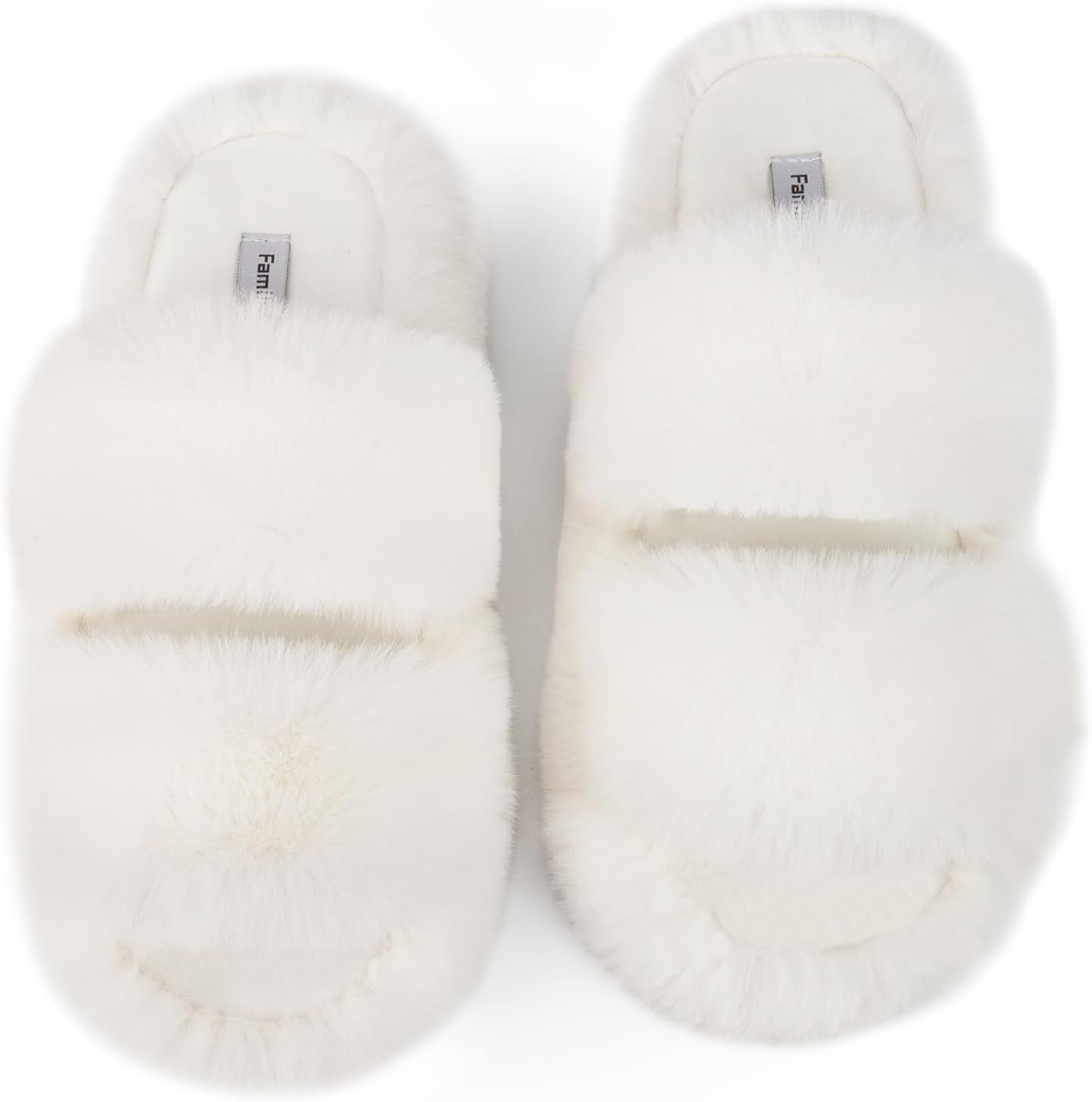 Slides-Women's Fluffy Faux Fur Slippers Comfy Open Toe Two Band Slides with Fleece Lining and Rubber Sole