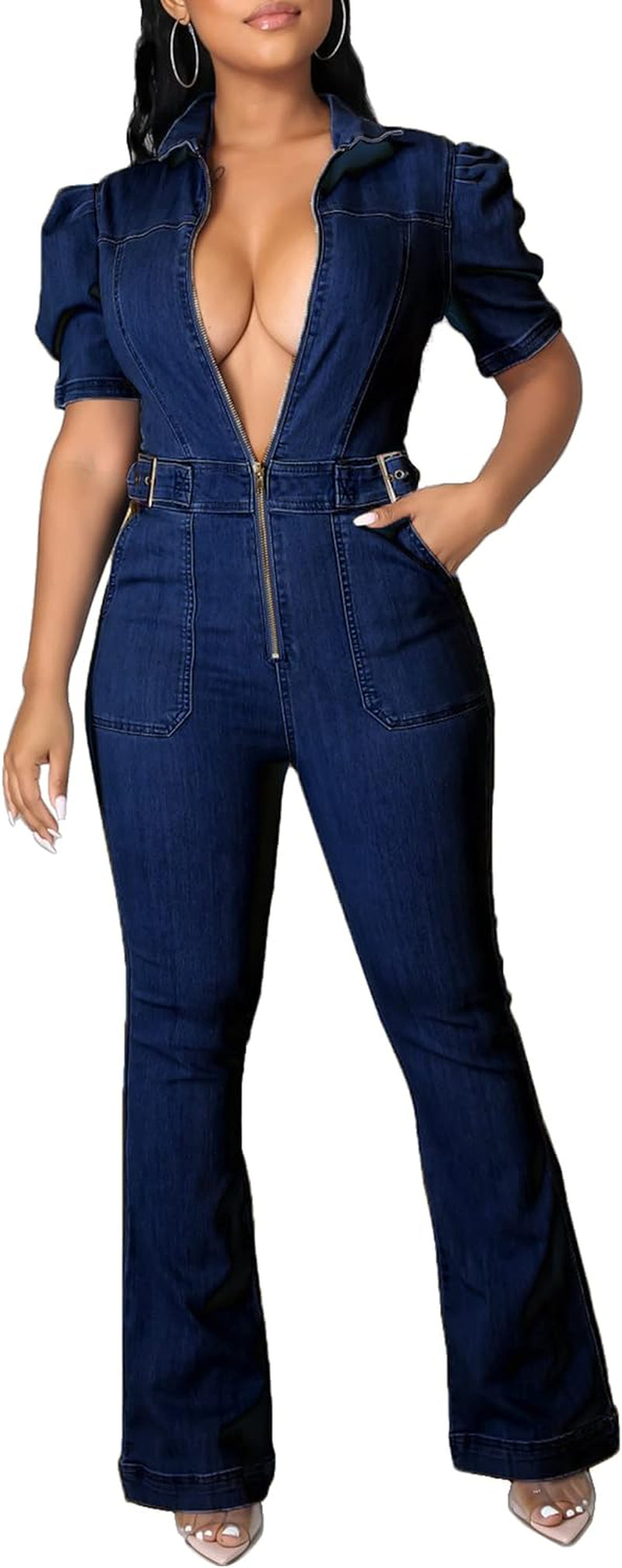 Women Elegant Jeans Jumpsuit Sexy V-Neck Bell Bottom Denim Long Pants Jumpsuits with Zipper Pockets