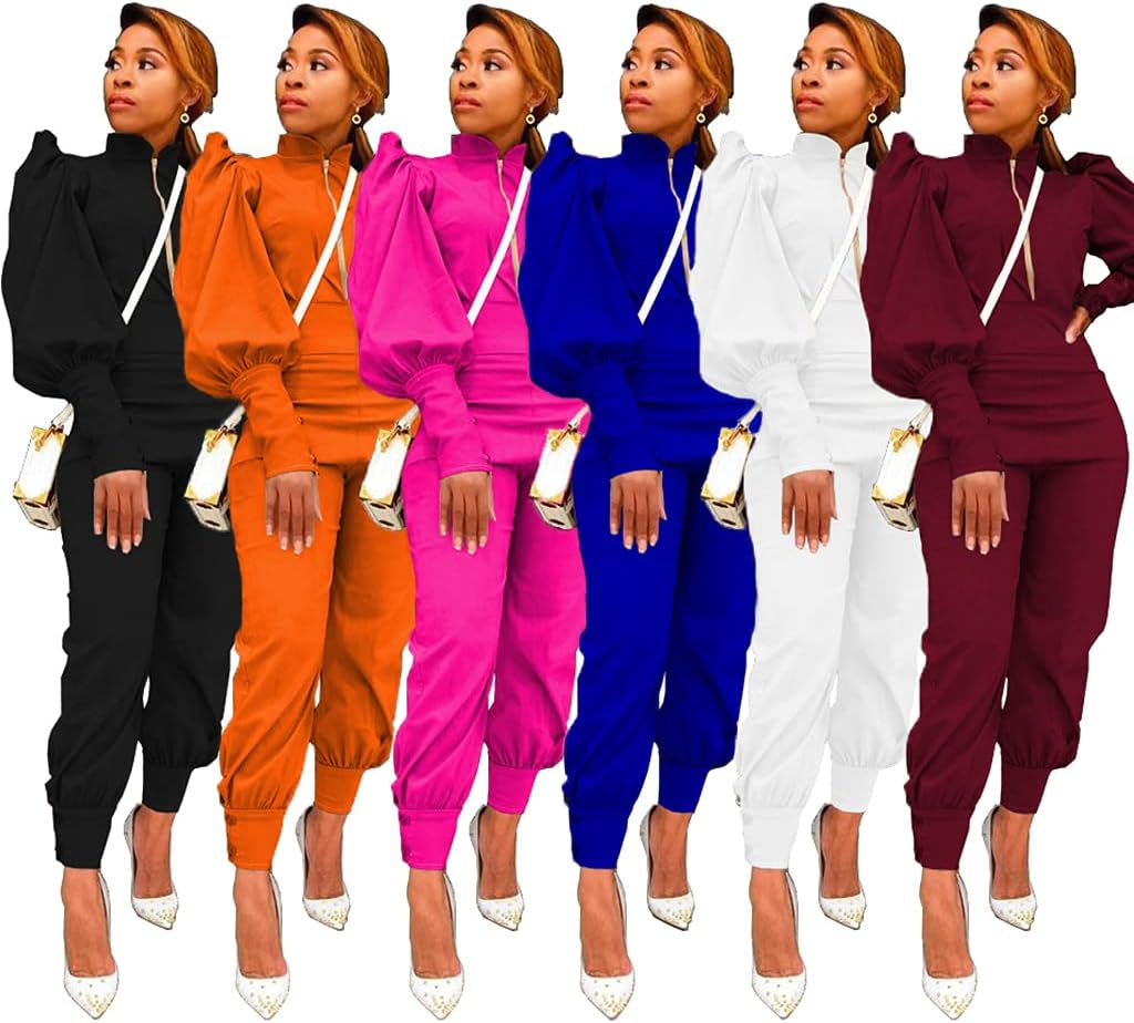 Womens Two Piece Pullover Mock Neck Puff Sleeve Tops High Waist Pants Sets Jumpsuit Streetwear