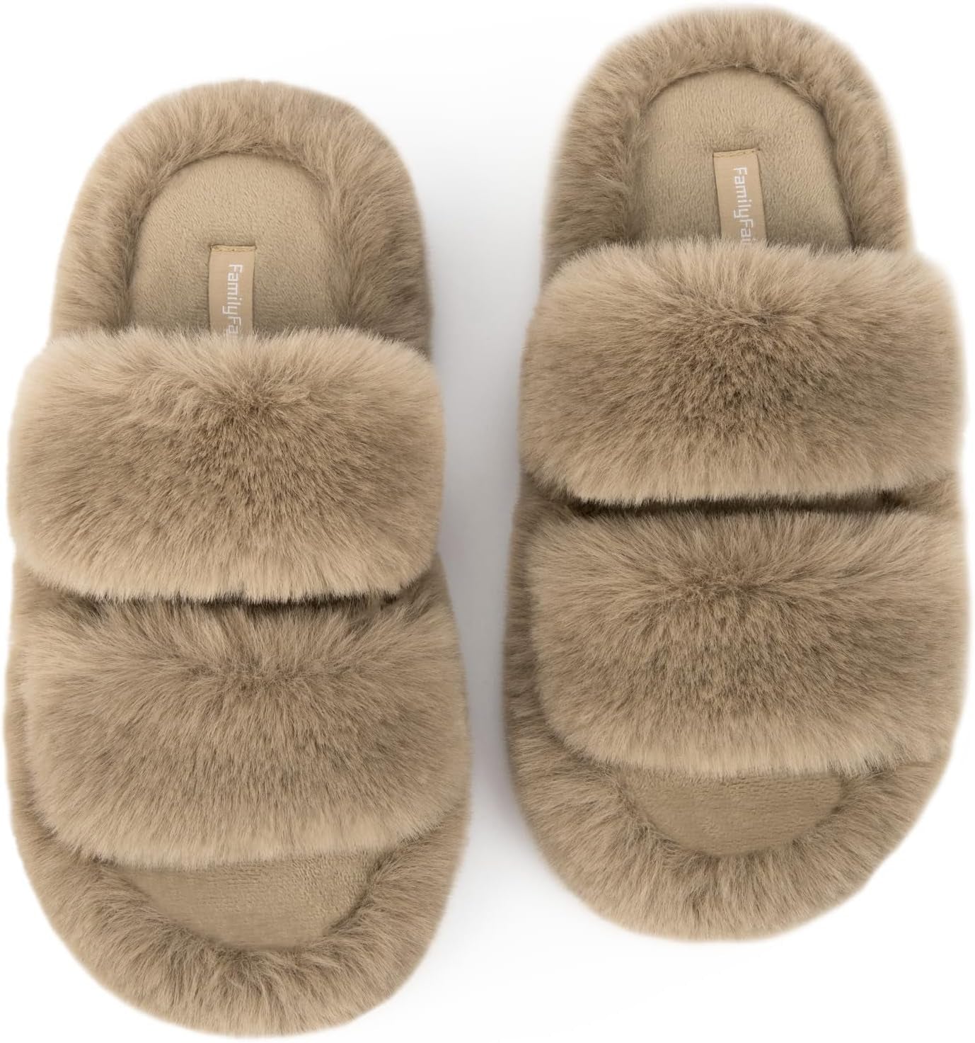 Slides-Women's Fluffy Faux Fur Slippers Comfy Open Toe Two Band Slides with Fleece Lining and Rubber Sole