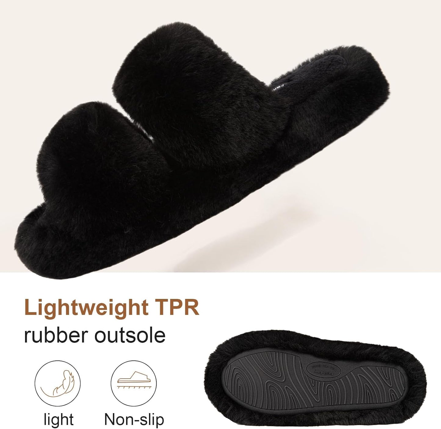 Slides-Women's Fluffy Faux Fur Slippers Comfy Open Toe Two Band Slides with Fleece Lining and Rubber Sole