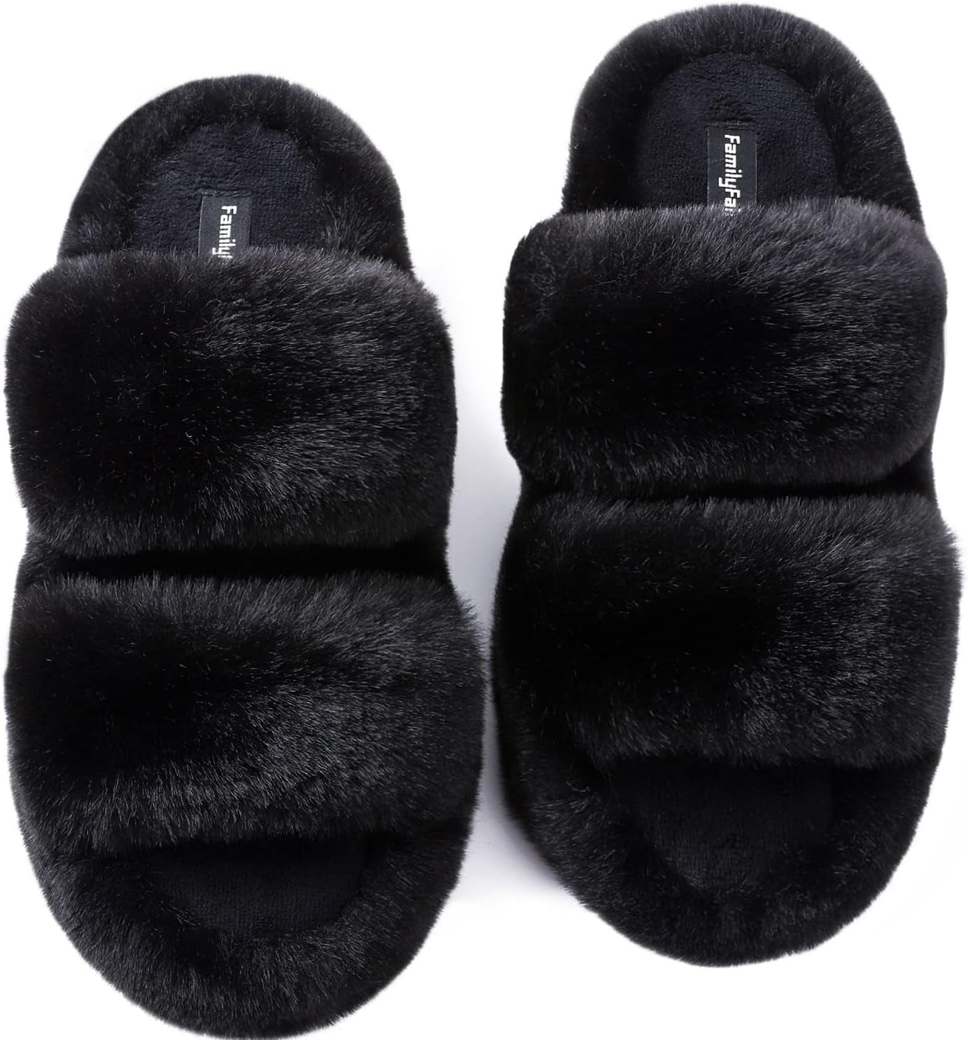 Slides-Women's Fluffy Faux Fur Slippers Comfy Open Toe Two Band Slides with Fleece Lining and Rubber Sole