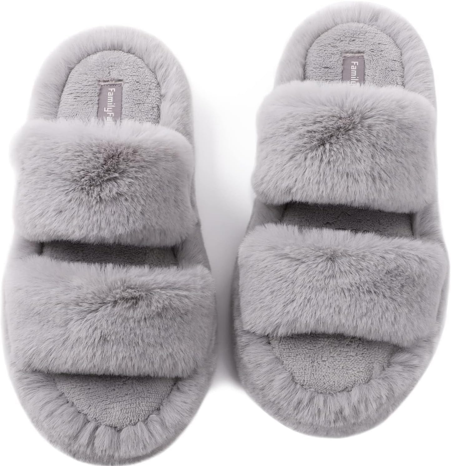 Slides-Women's Fluffy Faux Fur Slippers Comfy Open Toe Two Band Slides with Fleece Lining and Rubber Sole