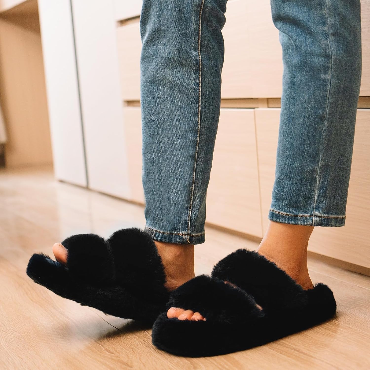 Slides-Women's Fluffy Faux Fur Slippers Comfy Open Toe Two Band Slides with Fleece Lining and Rubber Sole