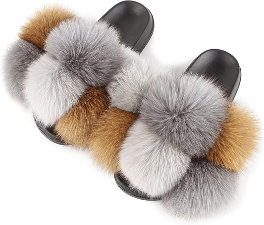 Slippers-Women'S Real Fox Furry Fur Slides, Open-Toe Cute Fur Sandals, Indoor and Outdoor