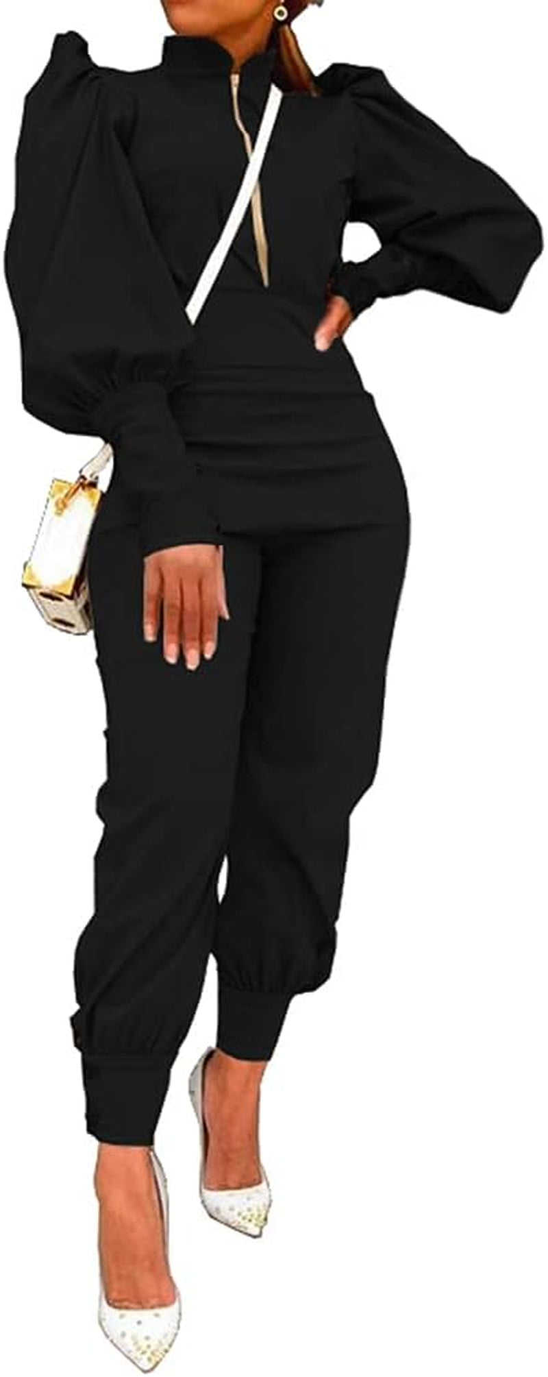 Womens Two Piece Pullover Mock Neck Puff Sleeve Tops High Waist Pants Sets Jumpsuit Streetwear