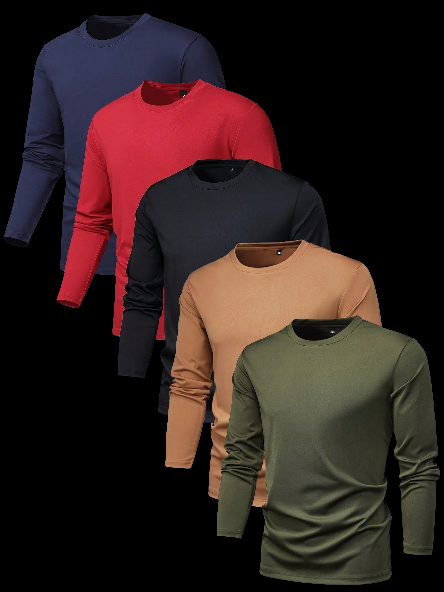 5Pcs/Set Men'S Regular Fit Long Sleeve T-Shirt and Solid Color for Fashionable, Casual, Sports and Outdoor Activities in Spring and Autumn