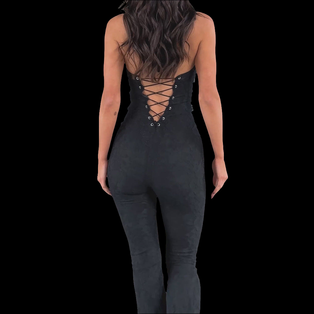 "Women Easy Rope Lace-Up Slim Fit Jumpsuit - See-Through"