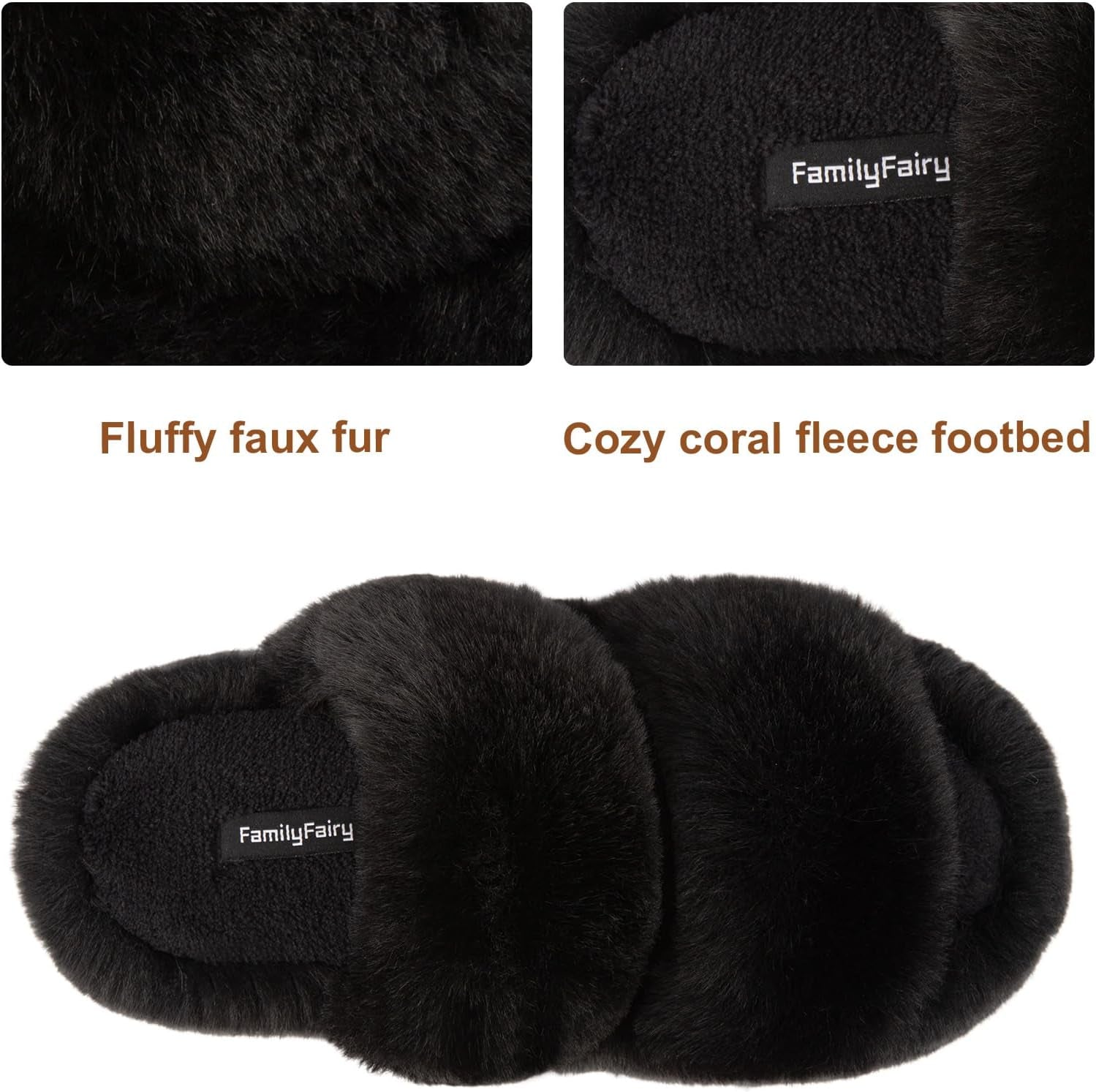 Slides-Women's Fluffy Faux Fur Slippers Comfy Open Toe Two Band Slides with Fleece Lining and Rubber Sole