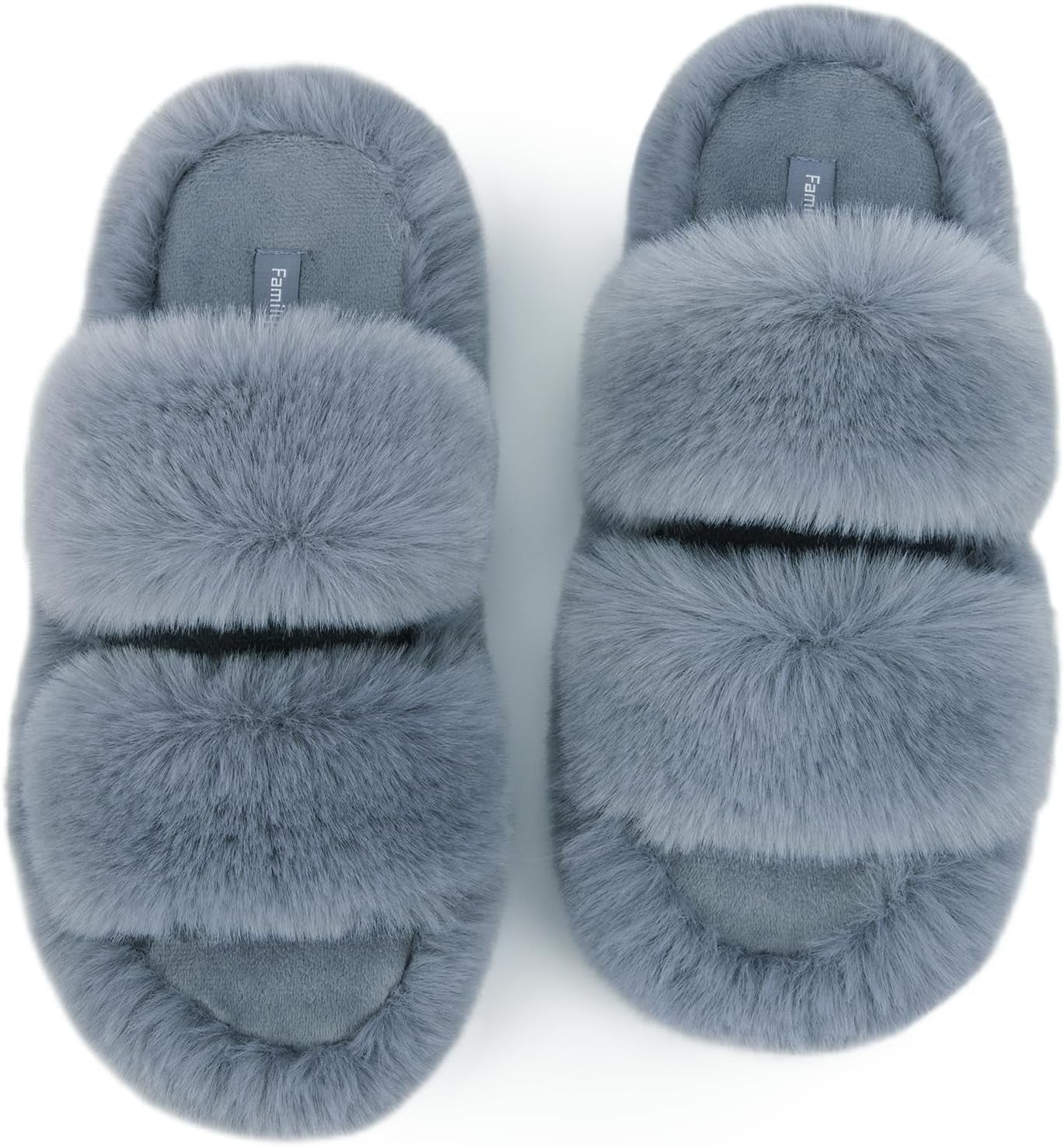 Slides-Women's Fluffy Faux Fur Slippers Comfy Open Toe Two Band Slides with Fleece Lining and Rubber Sole