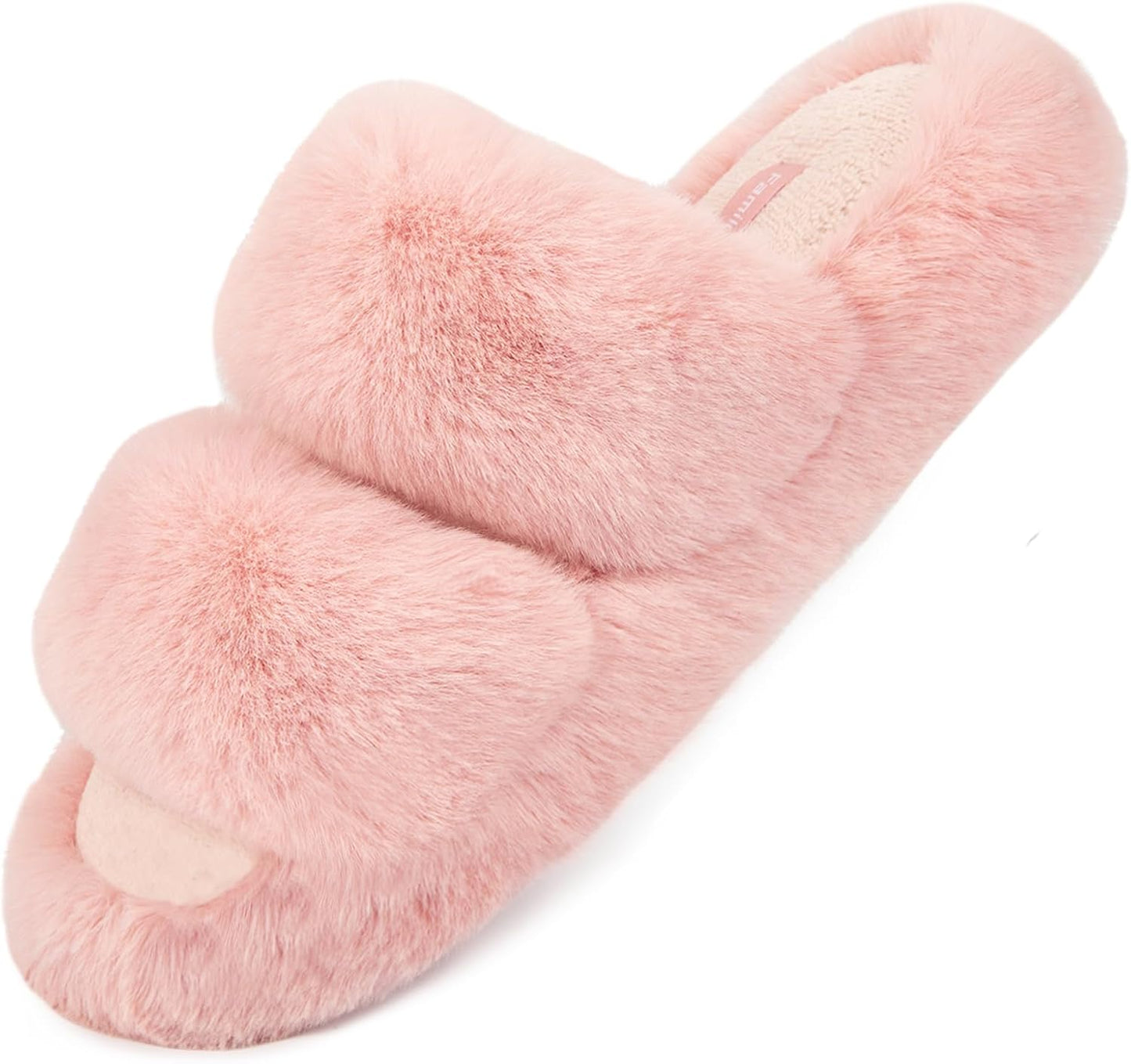 Slides-Women's Fluffy Faux Fur Slippers Comfy Open Toe Two Band Slides with Fleece Lining and Rubber Sole