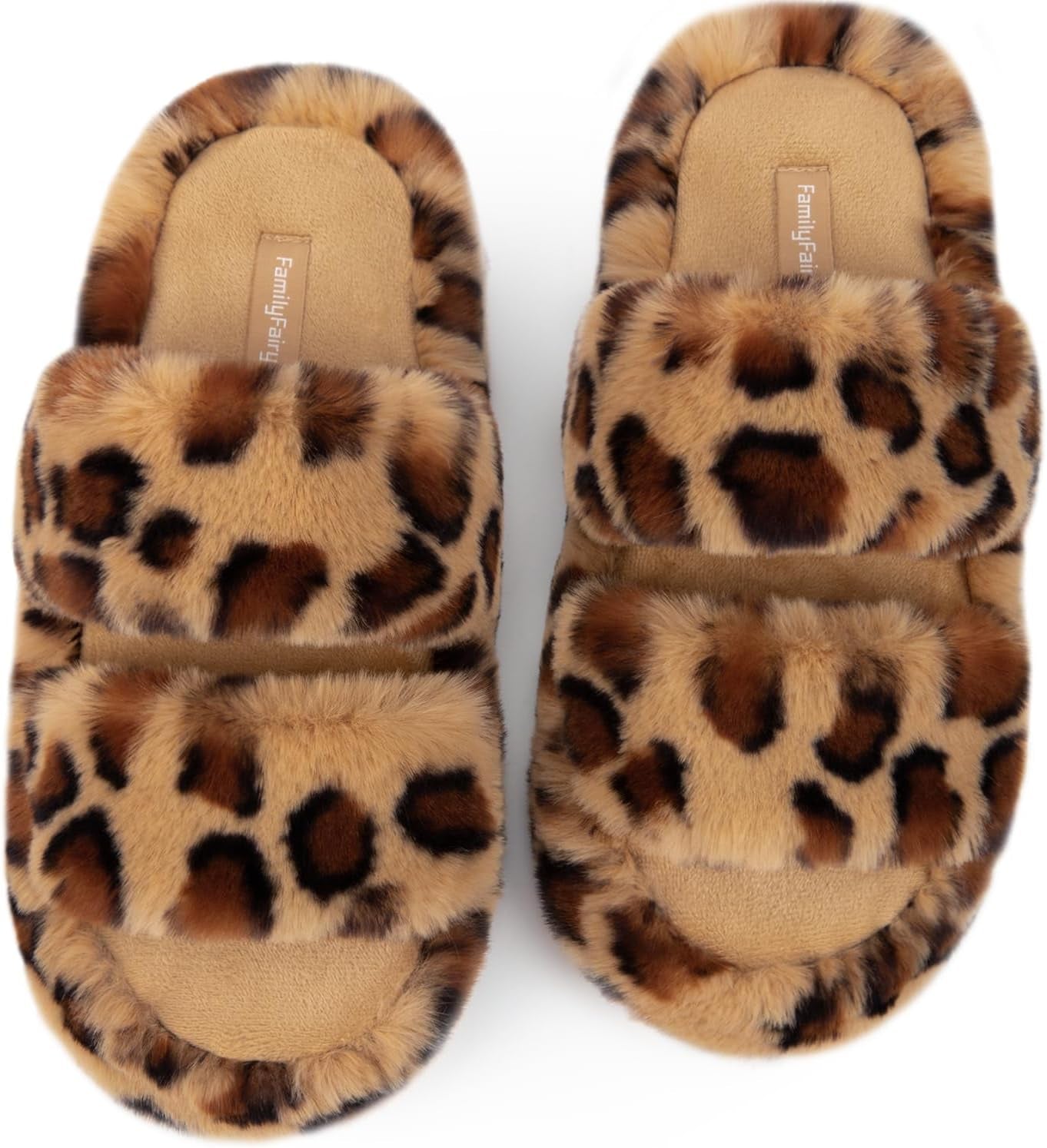 Slides-Women's Fluffy Faux Fur Slippers Comfy Open Toe Two Band Slides with Fleece Lining and Rubber Sole