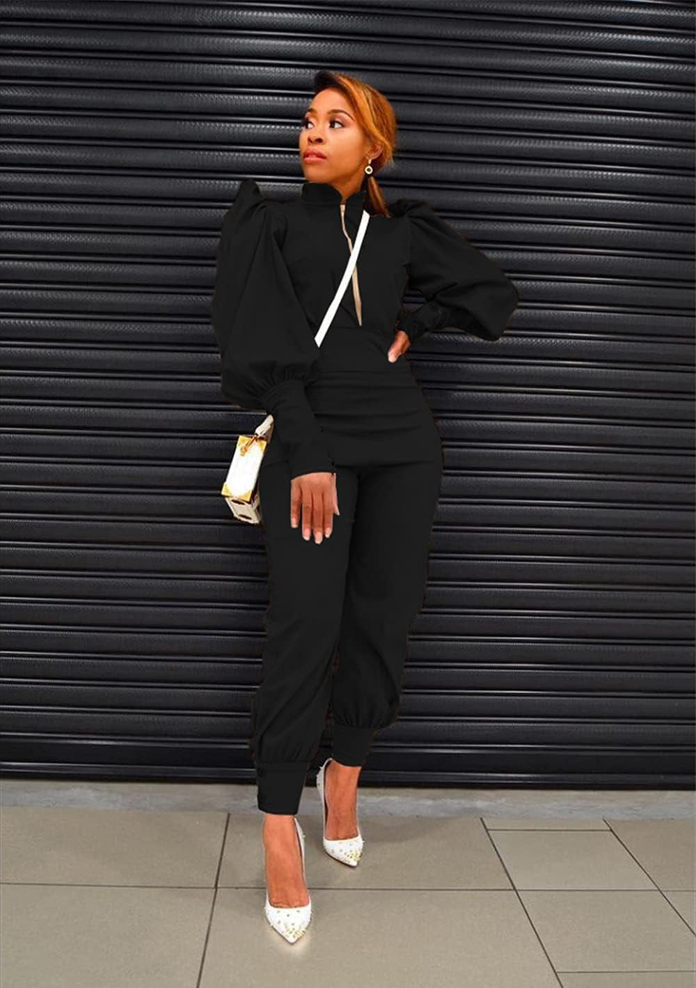 Womens Two Piece Pullover Mock Neck Puff Sleeve Tops High Waist Pants Sets Jumpsuit Streetwear