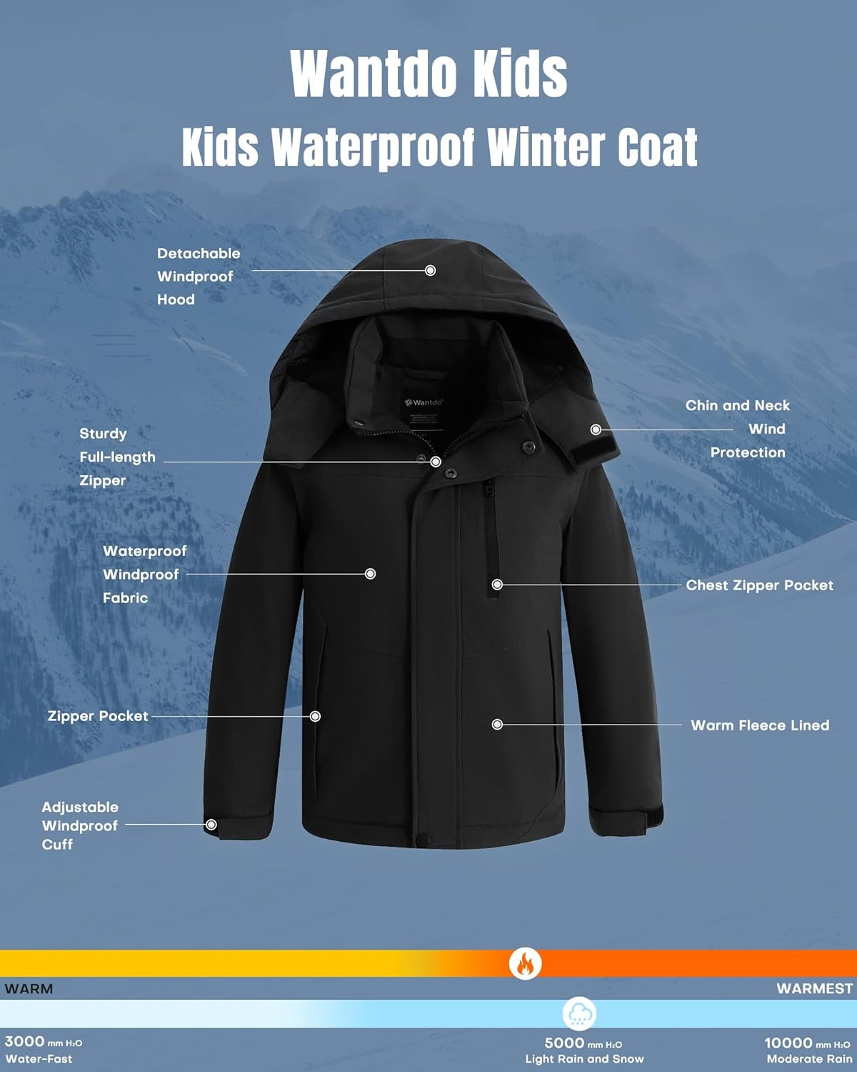 Boy'S Waterproof Ski Jacket Fleece Snowboarding Jackets Warm Thick Winter Coat Hooded Raincoats