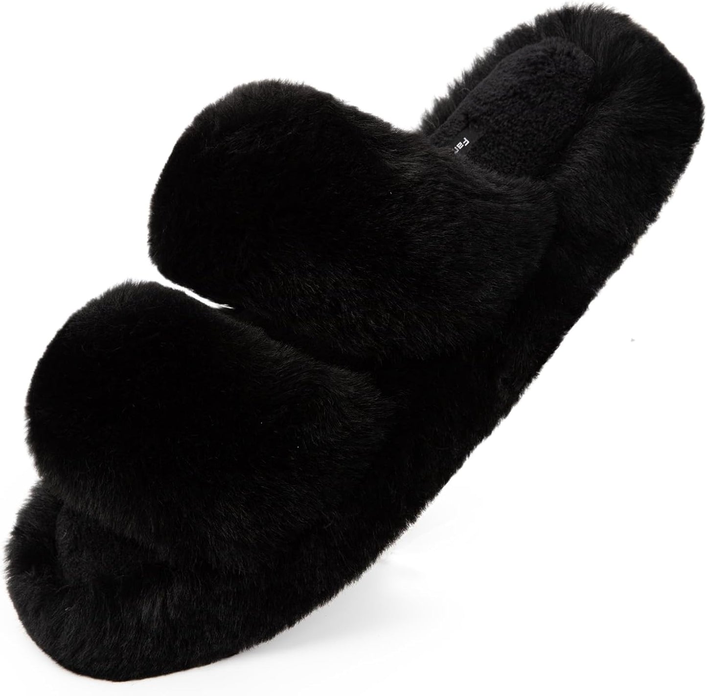 Slides-Women's Fluffy Faux Fur Slippers Comfy Open Toe Two Band Slides with Fleece Lining and Rubber Sole