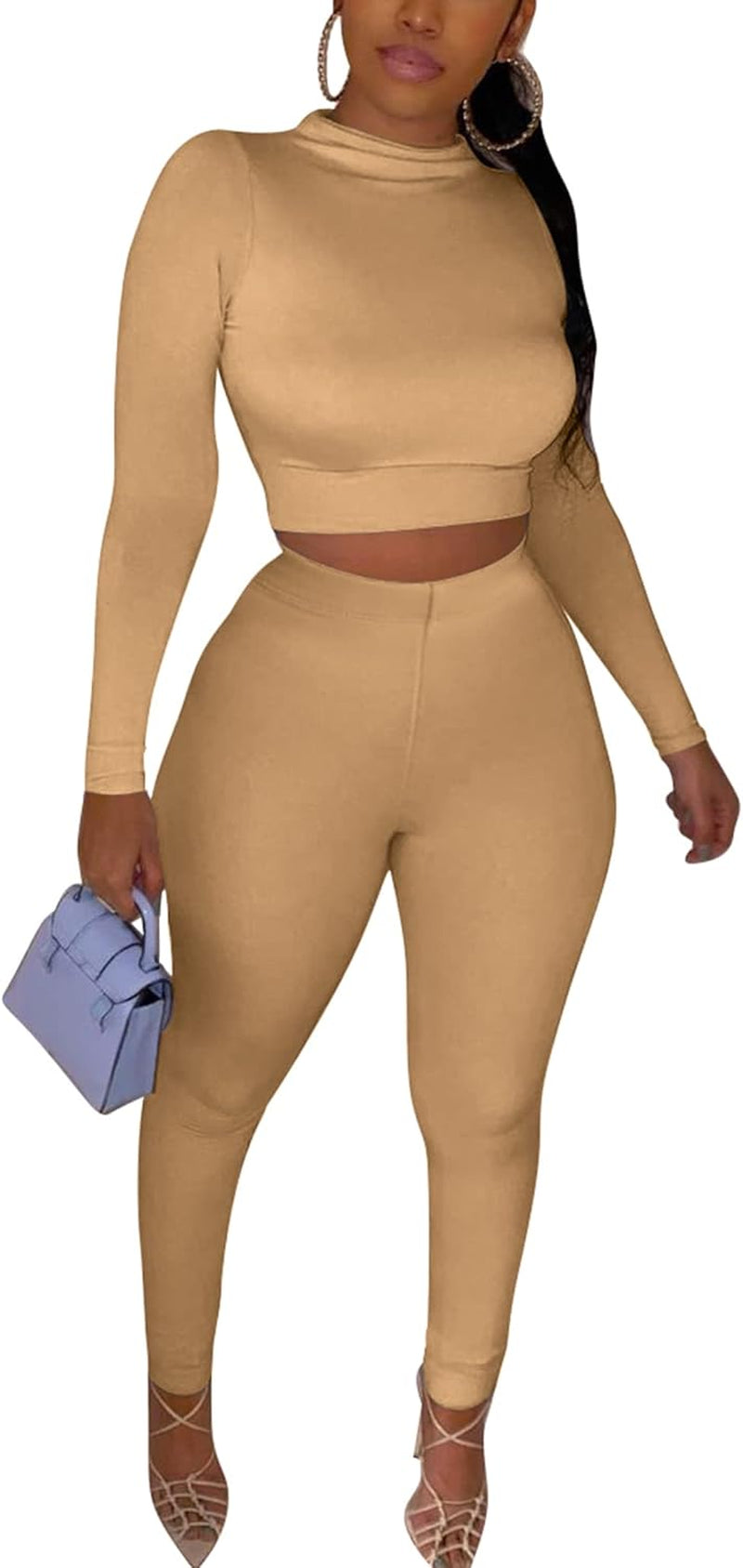 Women's Long Sleeve Crop Top High Waist Legging Pants Set, Tracksuit