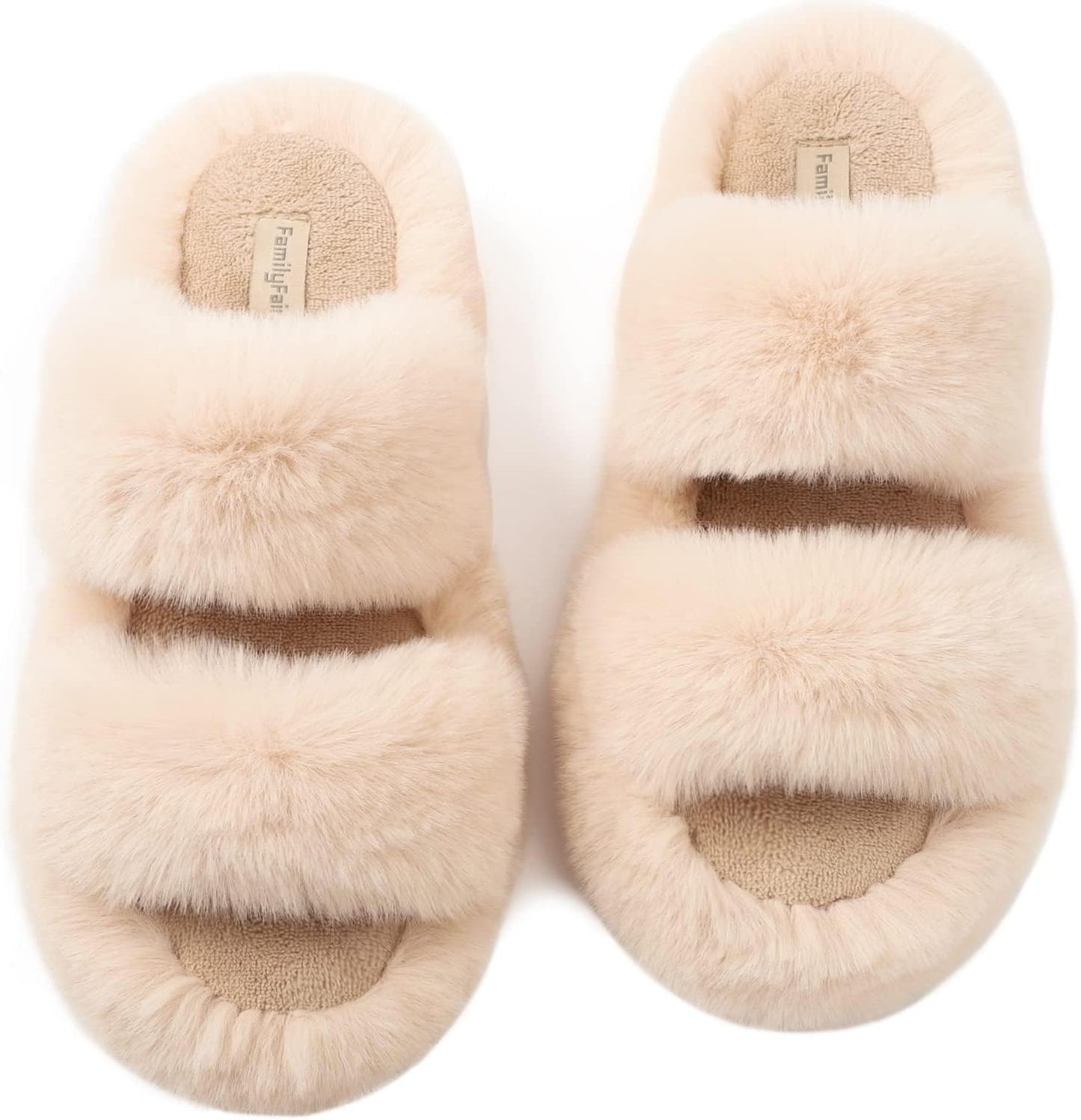 Slides-Women's Fluffy Faux Fur Slippers Comfy Open Toe Two Band Slides with Fleece Lining and Rubber Sole