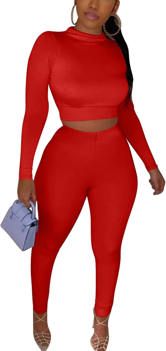 Women's Long Sleeve Crop Top High Waist Legging Pants Set, Tracksuit