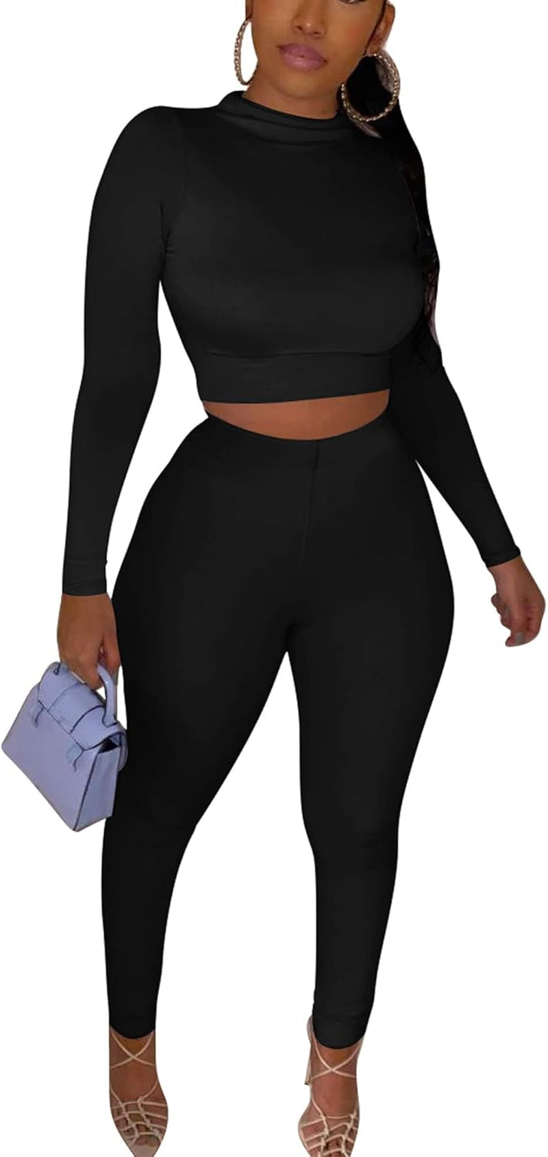 Women's Long Sleeve Crop Top High Waist Legging Pants Set, Tracksuit